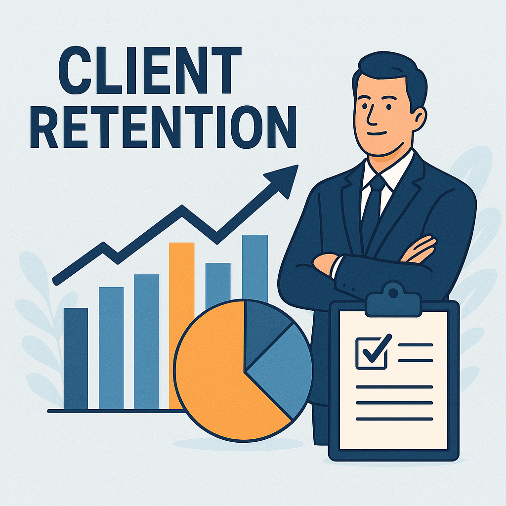 Client retention illustration with business analytics showing growth and customer relationship tracking.