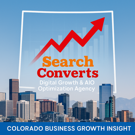 Search Converts logo over the Denver skyline with a red upward growth arrow, symbolizing Colorado business advertising and business growth.