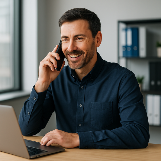 Denver business owner speaking on phone with customer lead in modern office setting