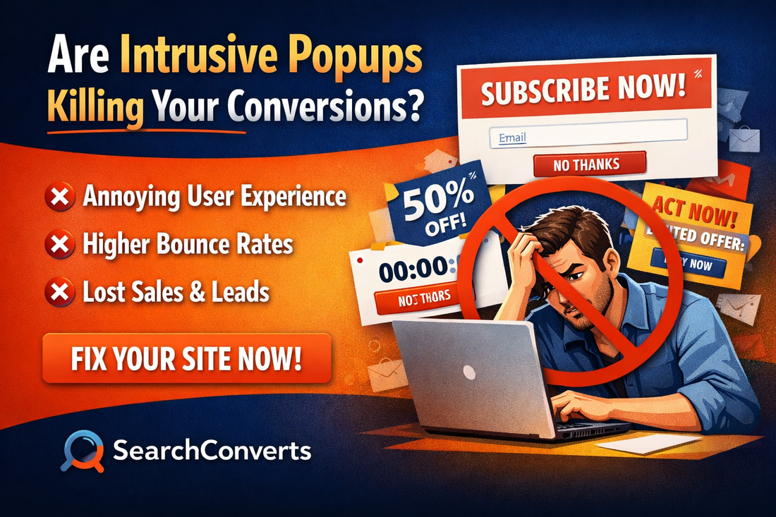 Illustration showing intrusive website popups overwhelming a user and reducing conversions and lead generation