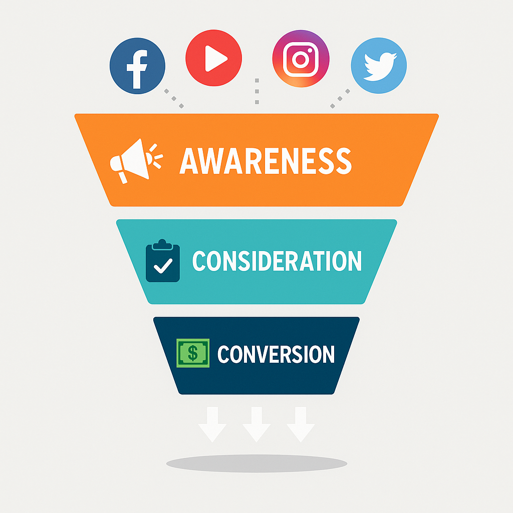 Marketing funnel with Awareness, Consideration, and Conversion stages showing how social media engagement leads customers through the buyer journey.