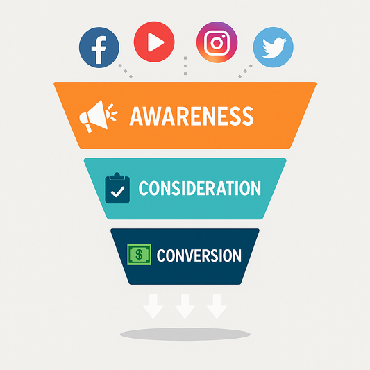Marketing funnel with Awareness, Consideration, and Conversion stages showing how social media engagement leads customers through the buyer journey.