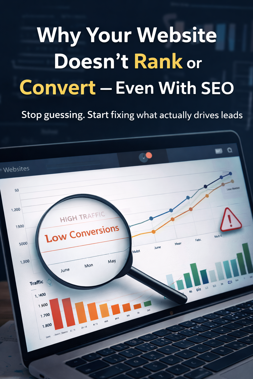 Website analytics showing high traffic with low conversions, illustrating why SEO alone does not generate leads