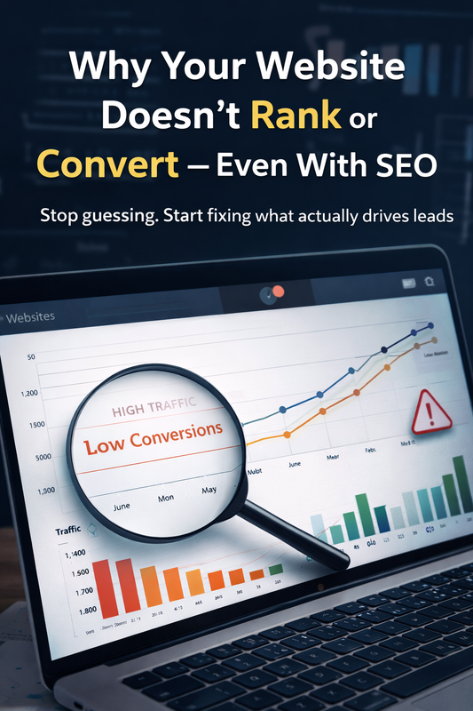 Website analytics showing high traffic with low conversions, illustrating why SEO alone does not generate leads