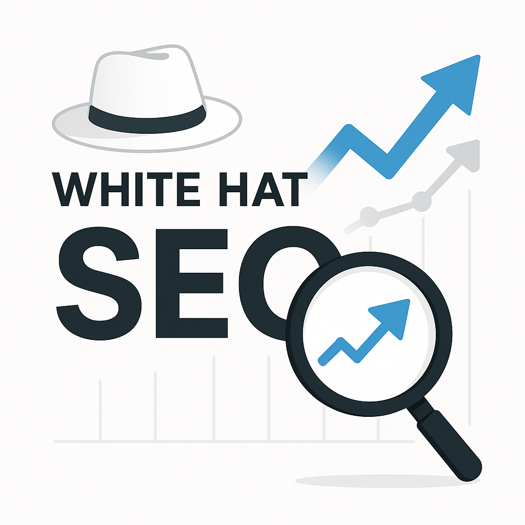 White hat SEO concept illustration with search bar, magnifying glass, growth arrows, and digital optimization icons symbolizing ethical search ranking.